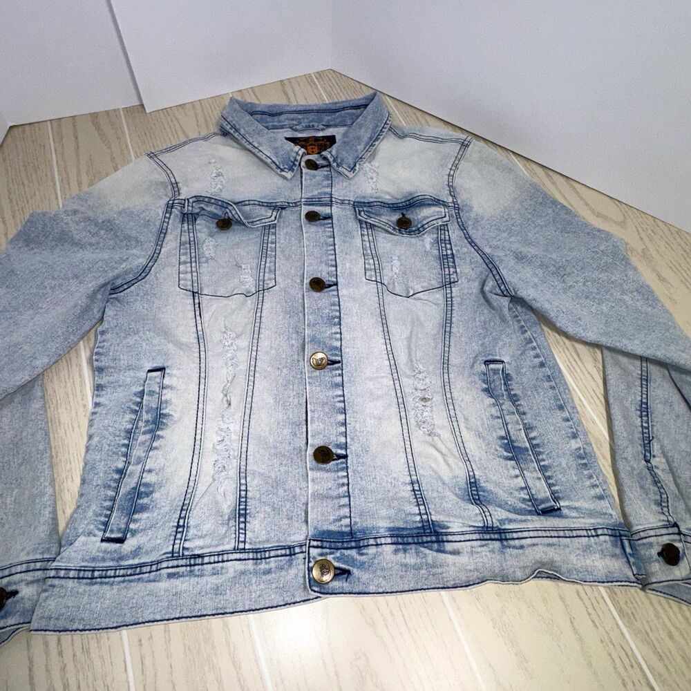 Ministry Of Fashion Light Wash Distressed Denim Jacket Size Large 42"